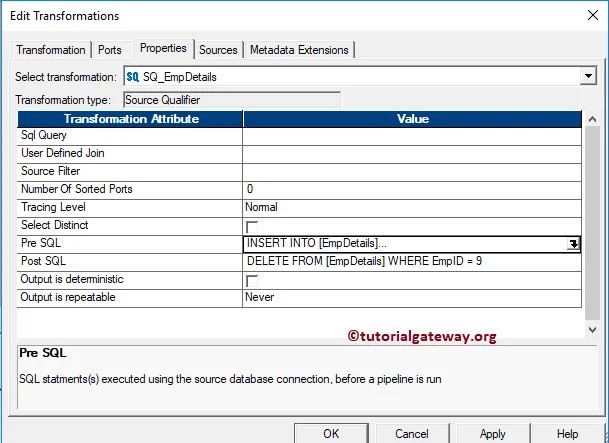 Pre and Post SQL in Informatica Editor